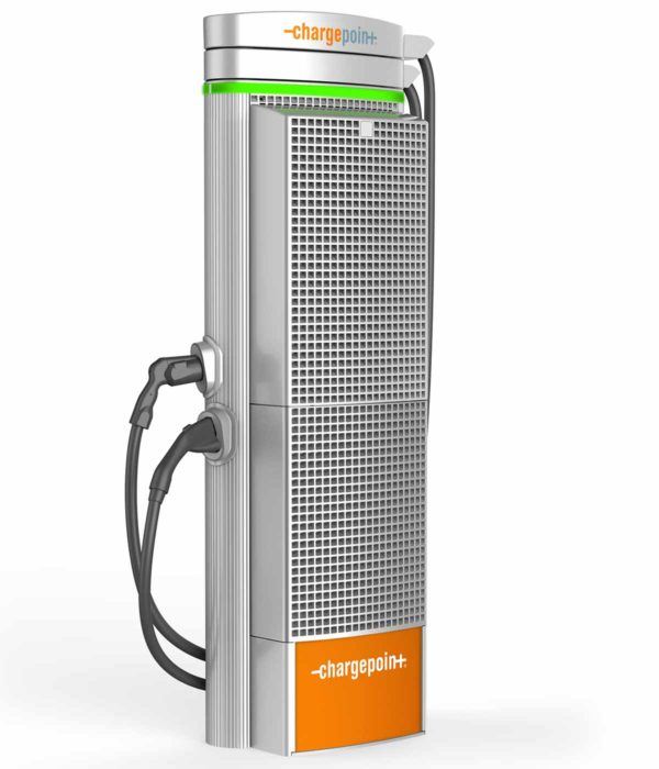 ChargePoint Express 250 high power dc level 3 fast charge electric car charging station EVSE - back angle view with available light