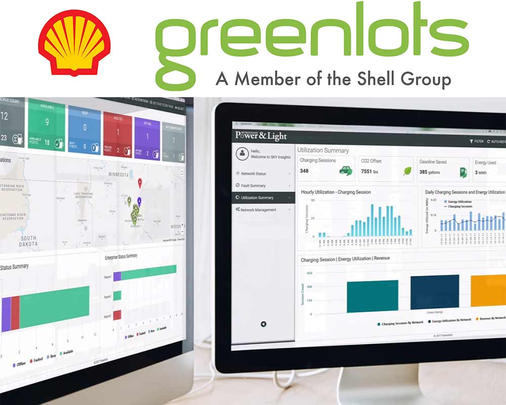 greenlots logo shown above two computer screens showing electric car charging management software