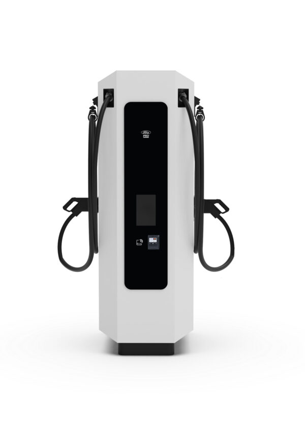 ford pro dc charging station 240kw ev charging station - front view showing display screen, payment reader and car connector cables